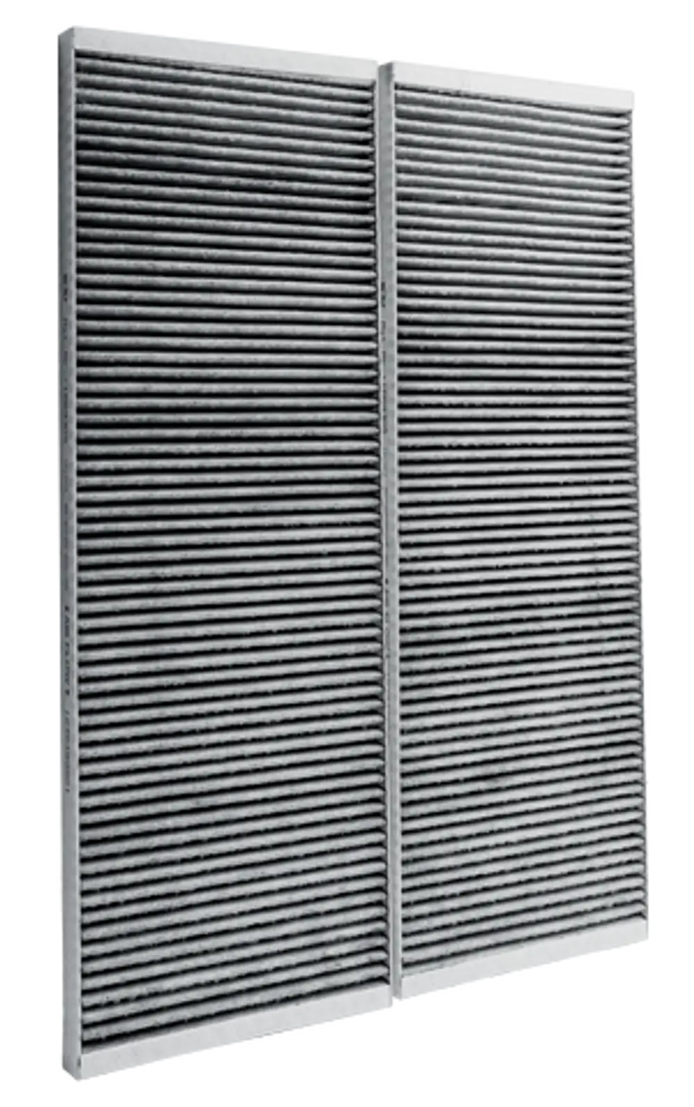 Aktivkohlefilter mit horizontalen Rillen, geeignet für Luftreinigungssysteme von Wolf. Zwei Stück, typische Konstruktion für effiziente Luftfiltration.